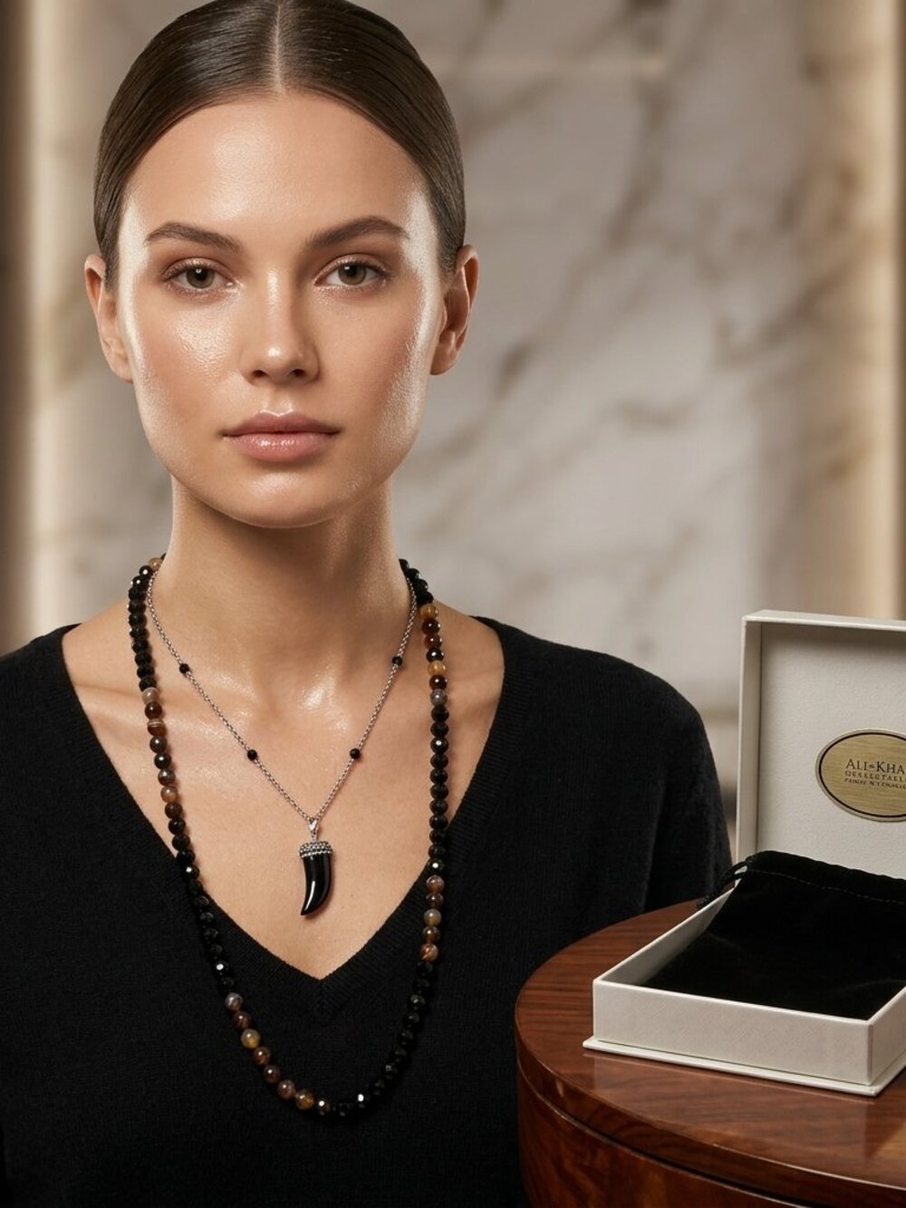 Ali khan 2pc neck set silver chain with horn shape & stones necklace black